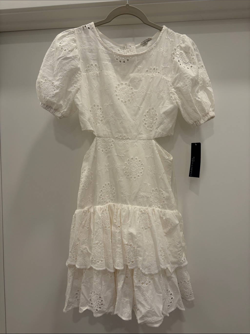 Habitual White Eyelet Puff Sleeve Cut-Out Tiered Dress